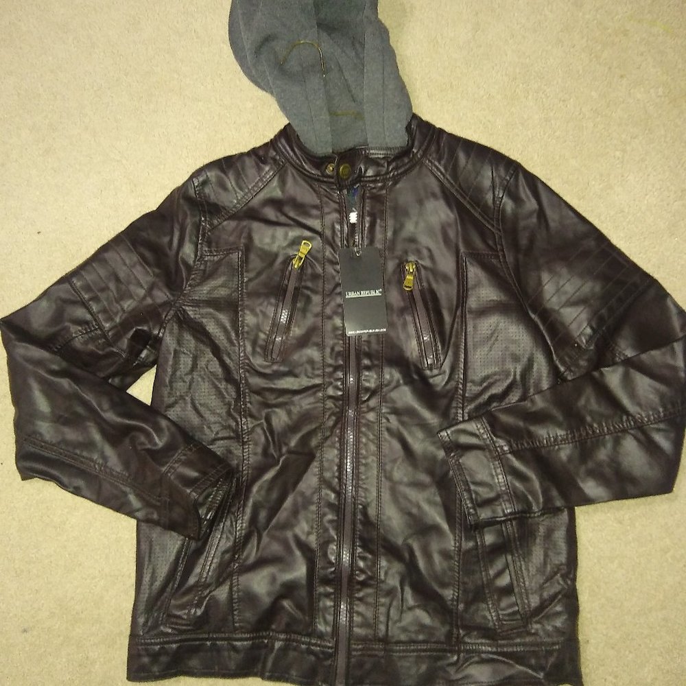 Hooded jacket faux leather boys Urban Republic Sz 18-20 New